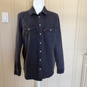 Levis Black Denim Western Shirt Pearl Snap Front Fringe on Back